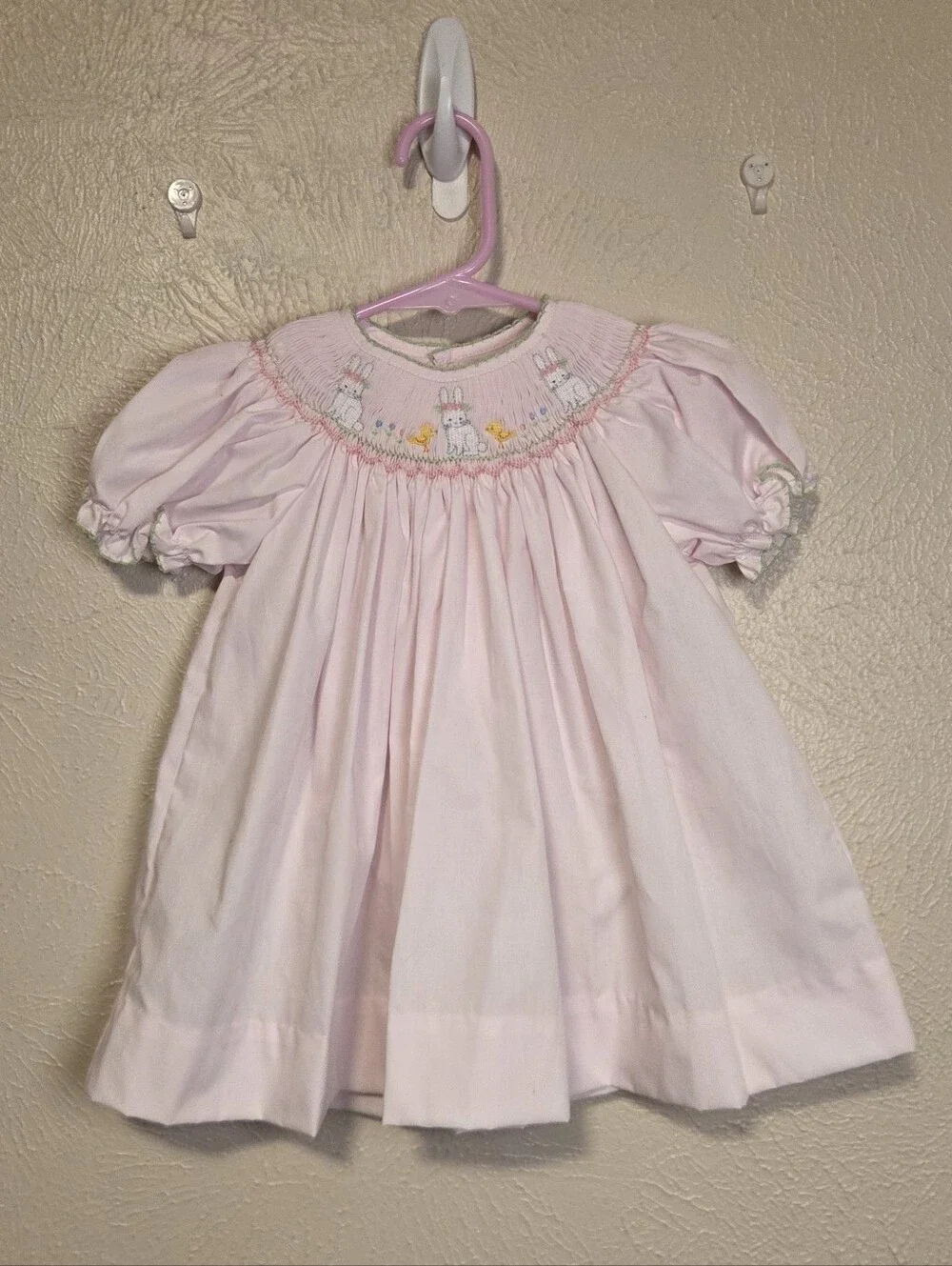 Petit Ami Smocked Bishop Dress Short Sleeve Ruffle Pink Embroidery Bunny 6 Month